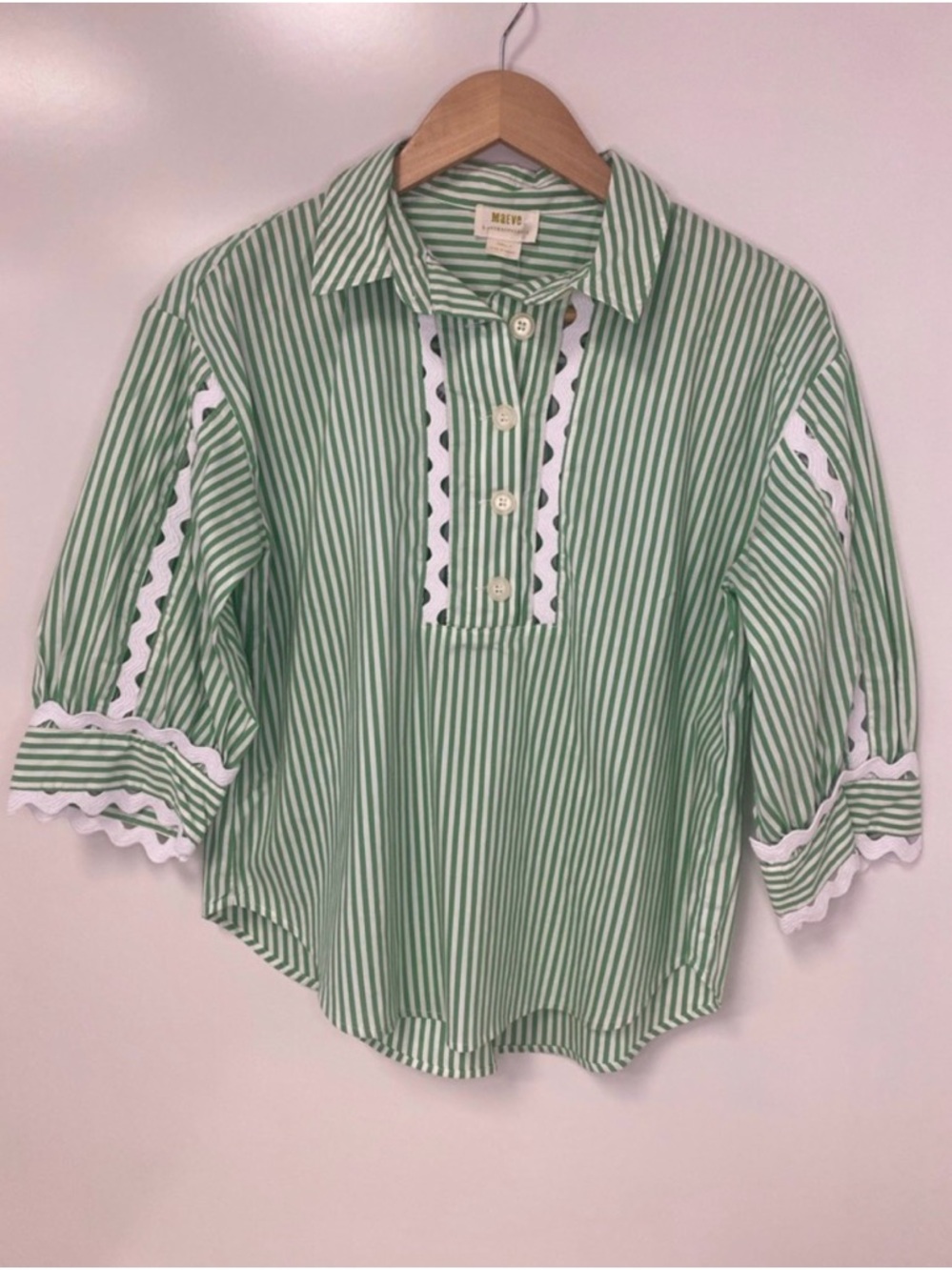 Maeve Green & White Striped Button Pullover Blouse